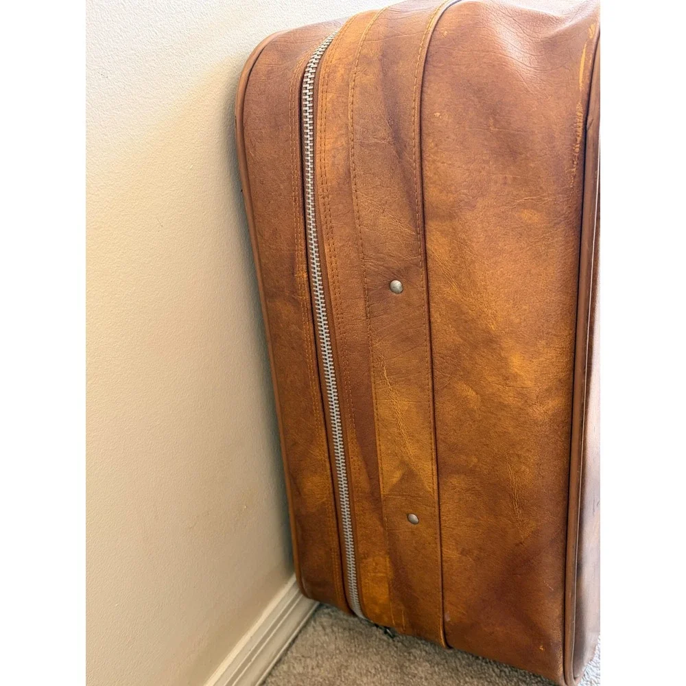 Vintage American Tourister 2 Piece Luggage Set Brown Faux Leather Woven Detail